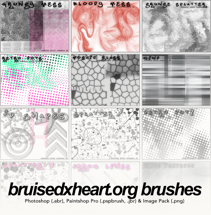 BruisedXHeart.org Brushes - Photoshop (.abr), Paintshop Pro (.pspbrush, .jbr) & Image Pack (.png)